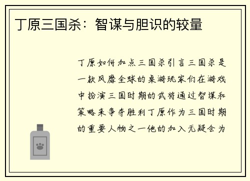 丁原三国杀：智谋与胆识的较量